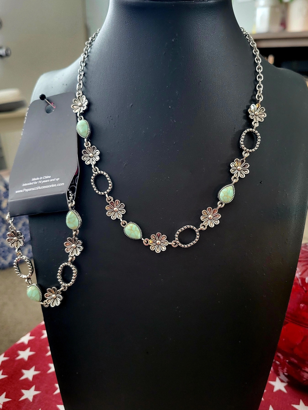 Paparazzi Floral Turquoise-Accent Silver Necklace And Bracelet Set